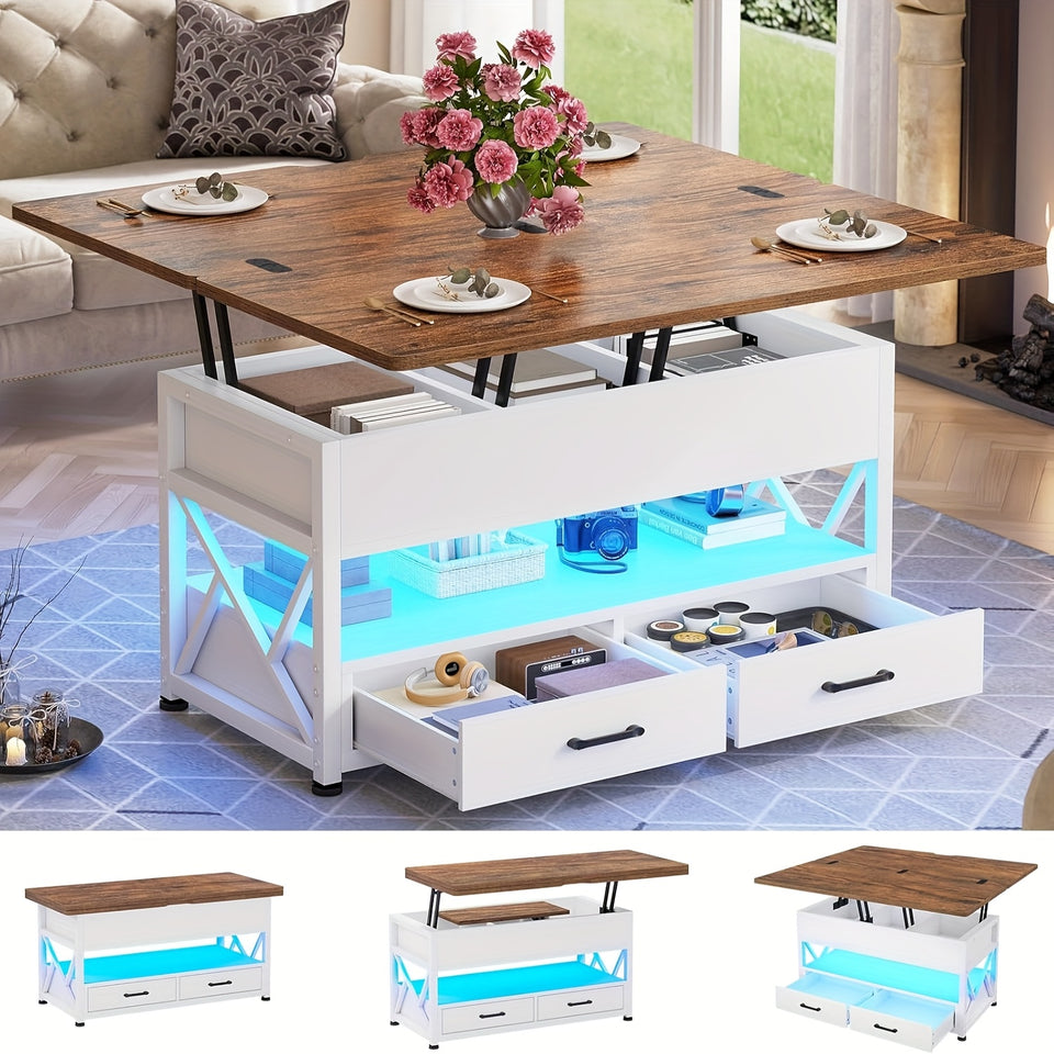 Lift Top Coffee Table with Storage, Small Farmhouse Coffee Table, 4-in-1 with 2 Drawers & LED Light, for Living Room Dining Reception Room, 40", White Brown Black