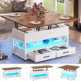 Lift Top Coffee Table with Storage, Small Farmhouse Coffee Table, 4-in-1 with 2 Drawers & LED Light, for Living Room Dining Reception Room, 40", White Brown Black