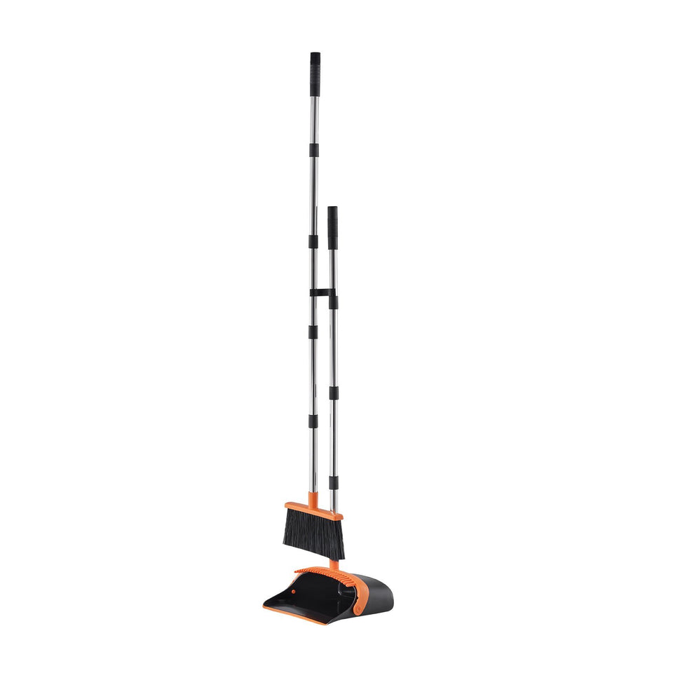 Broom And Dustpan Set, Heavy Duty Dustpan And Broom Combo With Self-Cleaning Teeth, Metal Upright Standing Dust Pan With Long Handle, Ideal For Home, Restaurant, Office, Dorm, Black Orange