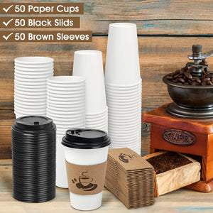 Disposable Paper Cups with Lids, Sleeve 16 Oz 50 Count Insulated