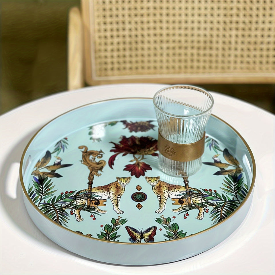 1pc Small Sculpture Decoration, Jungle Leopard Round Decorative Tray, Marbling Plastic Tray With Handles, Modern Vanity Tray And Serving Tray For Ottoman, Coffee Table, Kitchen And Bathroom, 13", Home Decor