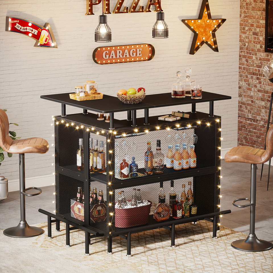 2-Tier L-Shaped Home Bar Unit with Stemware Racks & Footrest - Compact Coffee & Liquor Cabinet for Stylish Kitchen, Living Room or Pub Corner