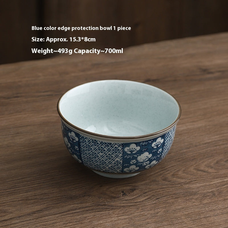 Large Capacity Restaurant Blue Edge Protection High Temperature Porcelain Underglaze Color Rice Bowl