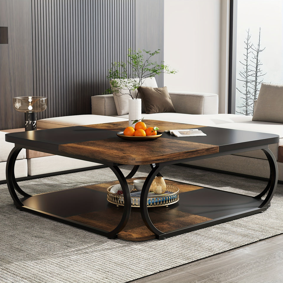 39 Inch Large Wood Coffee Table With Open Storage Shelf, 2 Tier Square Low Farmhouse Tea Table For Living Room And Home Office With Metal Frame