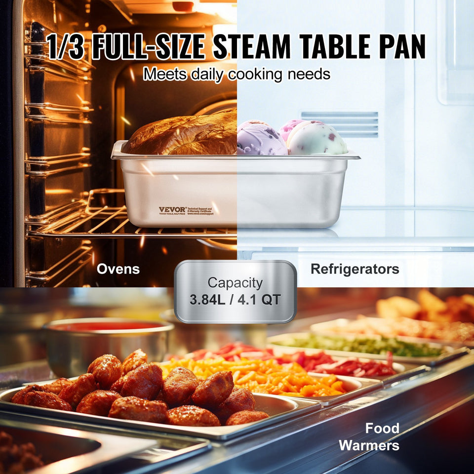 VEVOR 6 Pack Hotel Pans,  Anti-Jam Steam Pan, 0.8mm Thick Stainless Steel Restaurant Steam Table Pan, 4Inch Deep Commercial Table Pan, Catering Storage Food Pan, For Industrial & Scientific