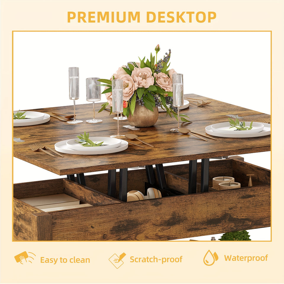 Sablyme Rustic Farmhouse Lift Top Coffee Table, 3-in-1 Multi-Function Center Table with Storage, Brown Hardwood - Ideal for Living Room, Adjustable Height for Comfortable Use