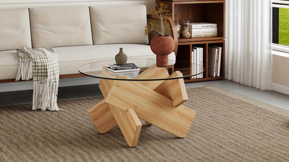 Circular glass coffee table, 33.4-inch modern and distinctive design tea table. Tempered glass countertop, wood colored MDF table legs. Suitable for living rooms and farmhouses Christmas, Halloween Gift