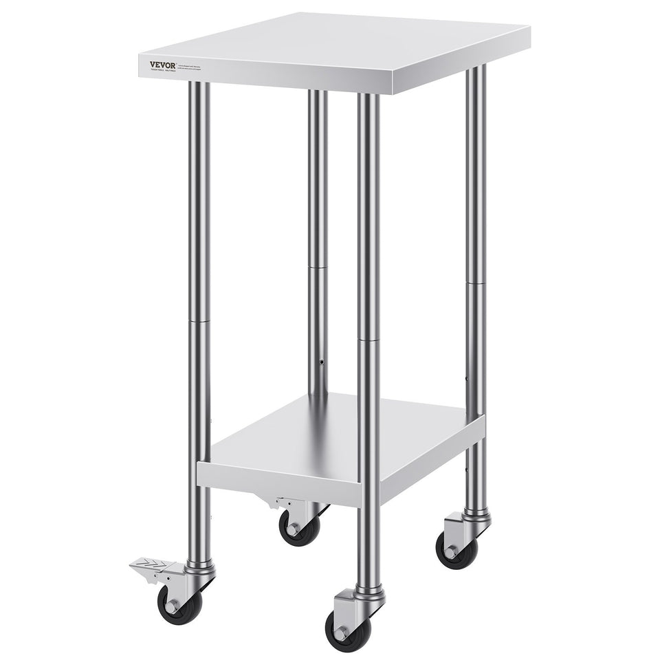 VEVOR Stainless Steel Work Table 24 X 18 X 38 Inch, With 4 Wheels, 3 Adjustable Height Levels, Heavy Duty Food Prep Worktable For Commercial Kitchen Restaurant, Silver