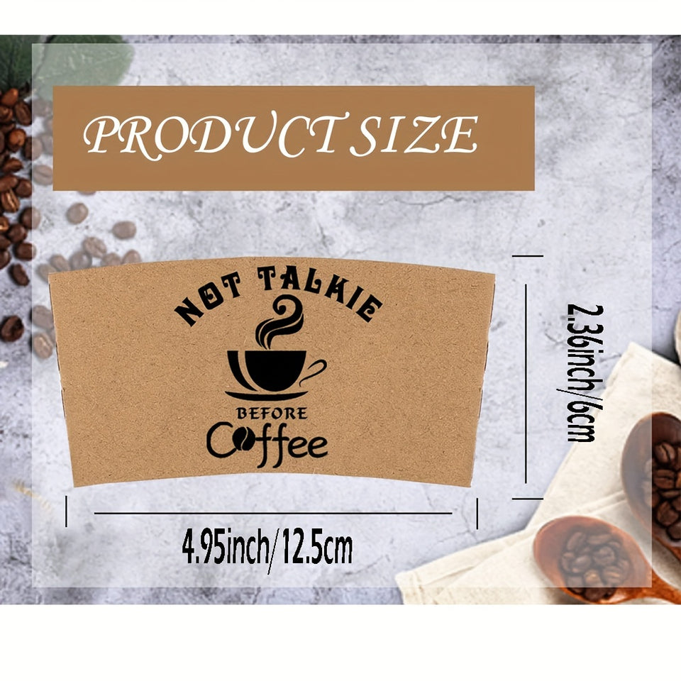 50-Pack Disposable Kraft Paper Coffee Cup Sleeves - Insulating Ripple Wrap Jackets for Hot or Cold Drinks, Fits 12-20 oz Cups - Printed Designs for Hand Protection