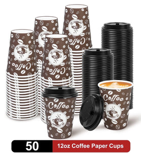Paper Cups, to Go Hot Cups Disposable Cups with Lids, 12 Oz 50 Count