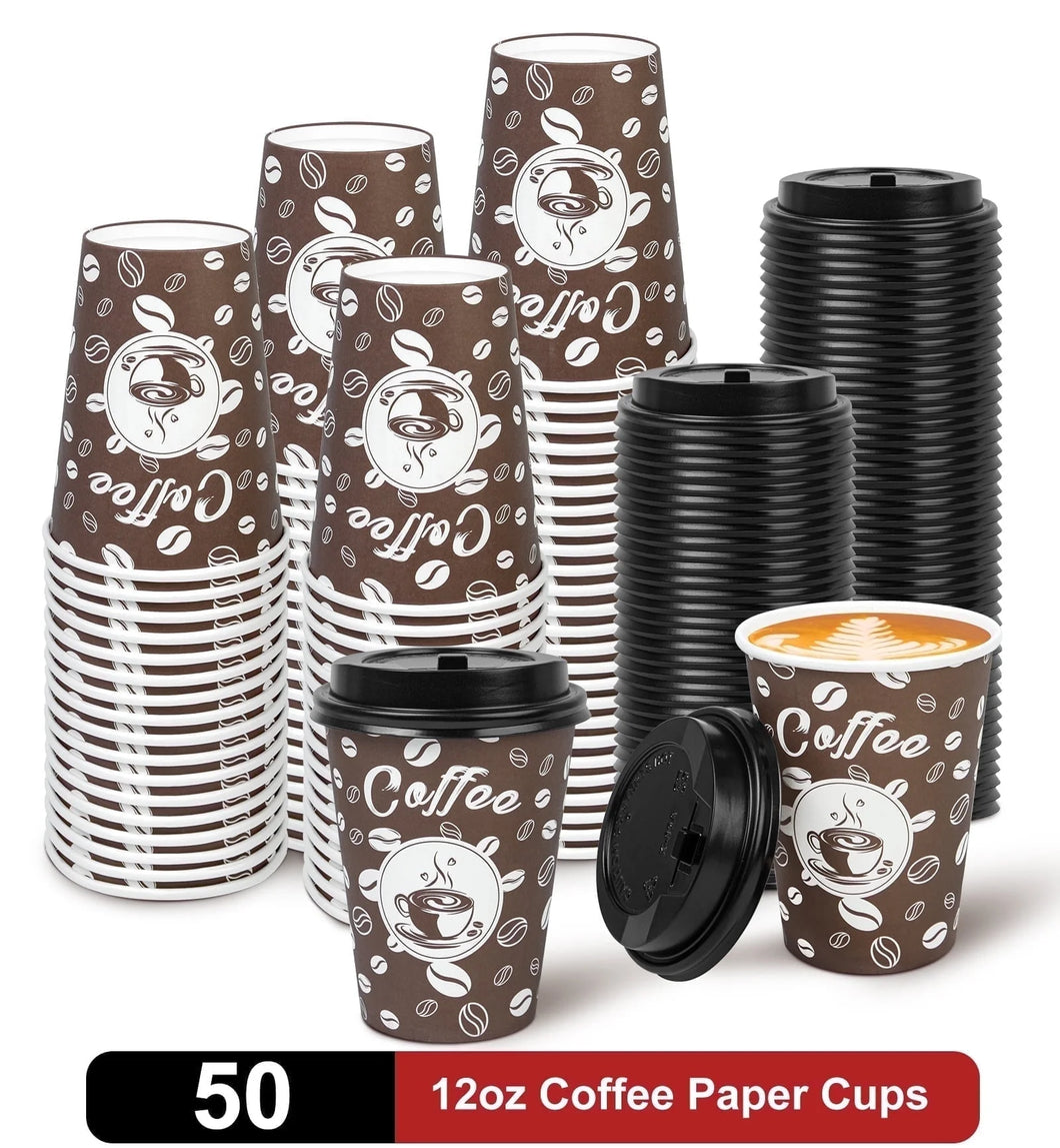 Paper Cups, to Go Hot Cups Disposable Cups with Lids, 12 Oz 50 Count