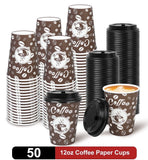 Paper Cups, to Go Hot Cups Disposable Cups with Lids, 12 Oz 50 Count
