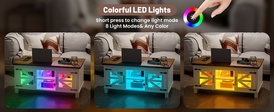 Lift Top Coffee Table with RGB Lights, Farmhouse Coffee Table with Charging Station, Dining Table with Large Hidden Storage Shelf for Living Room, 22" (55.8cm) D x 40.1"(101.85cm) W x 19" (48.26cm) H