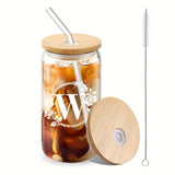 1pc Alphabet Letter A-Z Glass Coffee Mug - 16oz Large Capacity, Bamboo Lid, Straw, and Handle - Perfect for Office, Home, Birthday, Bridesmaid, Thanksgiving, Christmas, Eid Al-Adha Mubarak, and Party Use
