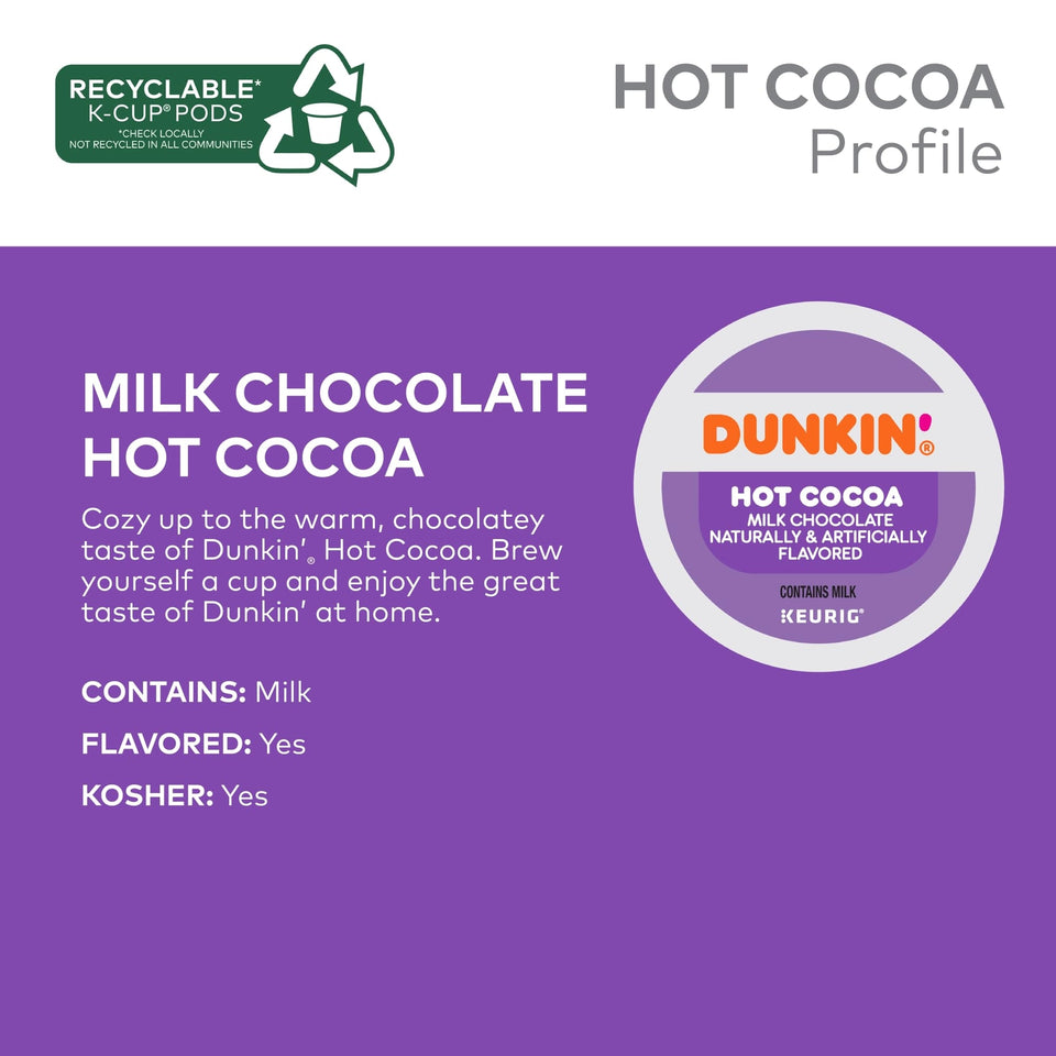 Dunkin Donuts Hot Cocoa K Cup Pack of 22 Single Serve Milk Chocolate Pods