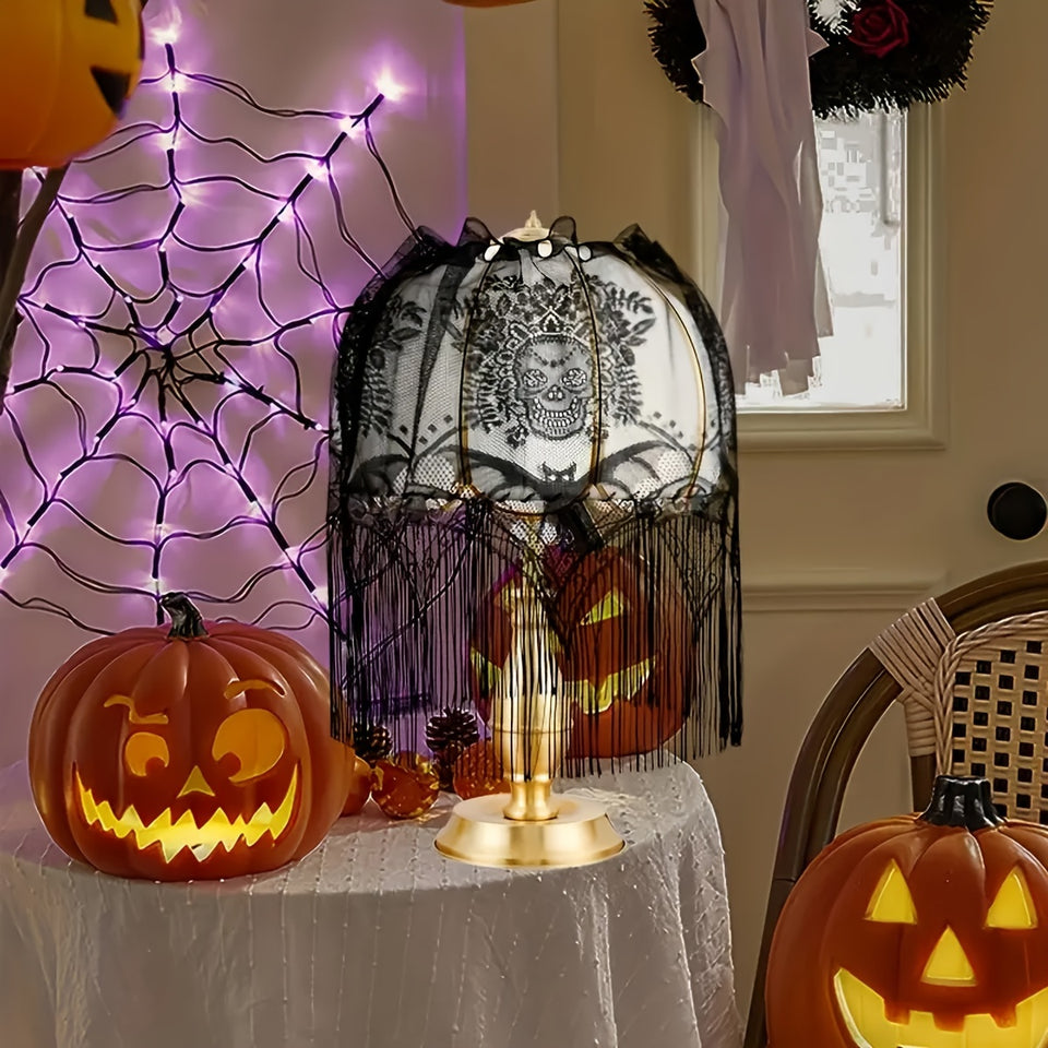 1pc, New Halloween Lace Decoration American Party Coffee Curtain Lampshade Bat Skull
