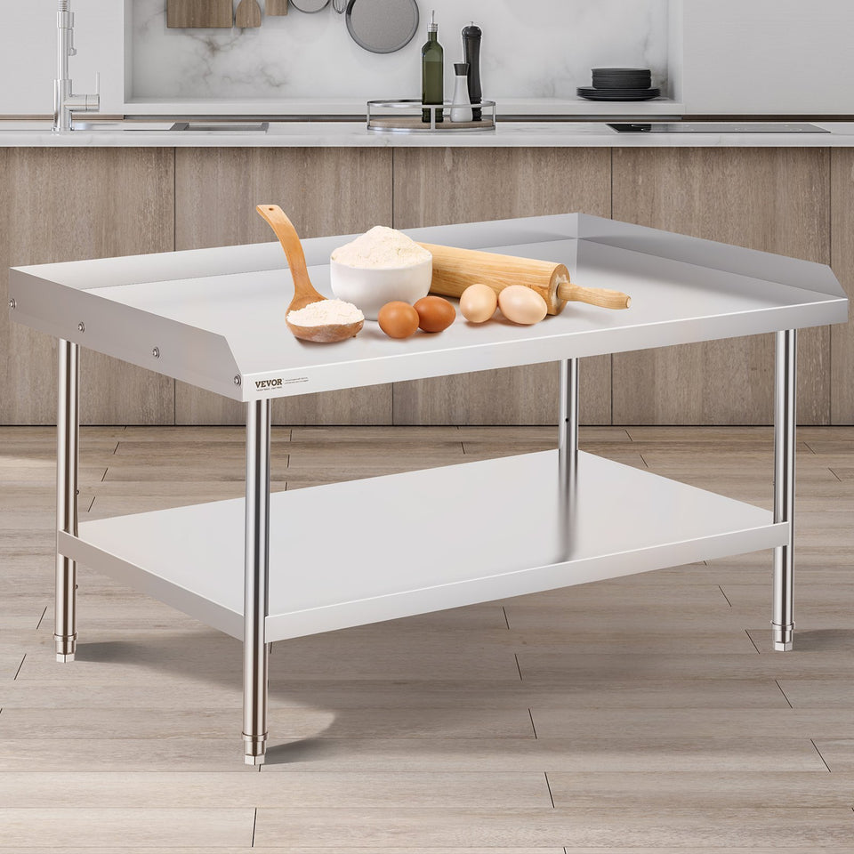 VEVOR Stainless Steel Work Table, 30 X 48 X 26 Inch Commercial Food Prep Worktable, 3-Sided Backsplash Heavy Duty Prep Worktable, Metal Work Table With Adjustable Height For Restaurant Home Hotel