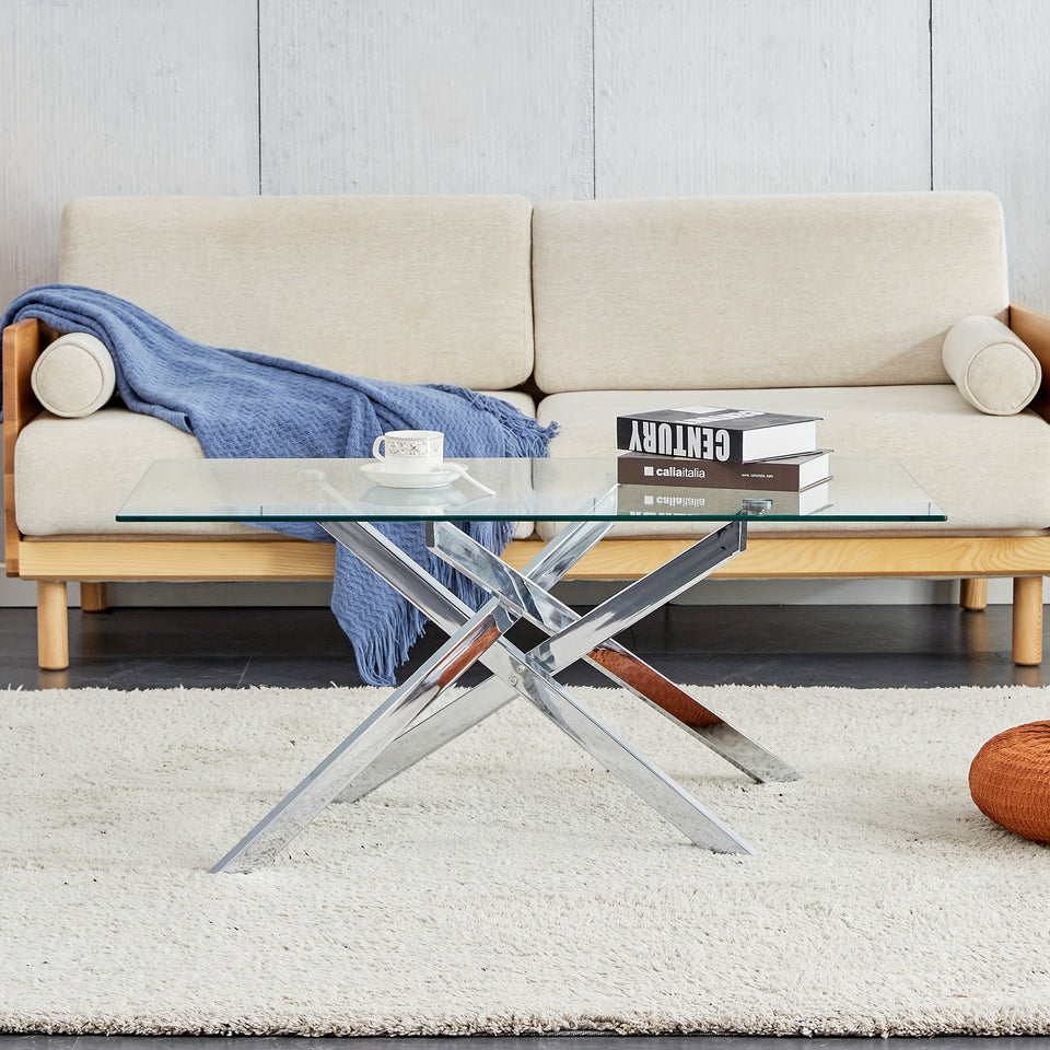 GSSDEE Rectangular Clear Tempered Glass Coffee Table, Stylish Design with Silver Chrome Plated Metal Legs, Coffee Table for Living Room