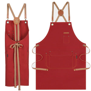 Chef Apron Artist Painting Gardening Work Apron Barista Bartender Barber Shop Apron, Cross Back Adjustable Strap Men Women Canvas Aprons with Large Pockets for Kitchen Cooking Baking Grilling – Red