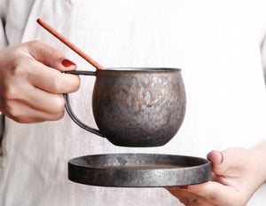 Retro Stoneware Kiln Blackened Gold Vertical Pattern Coffee Cup Set Handmade Pottery With Coaster Spoon Home Office Water Cup