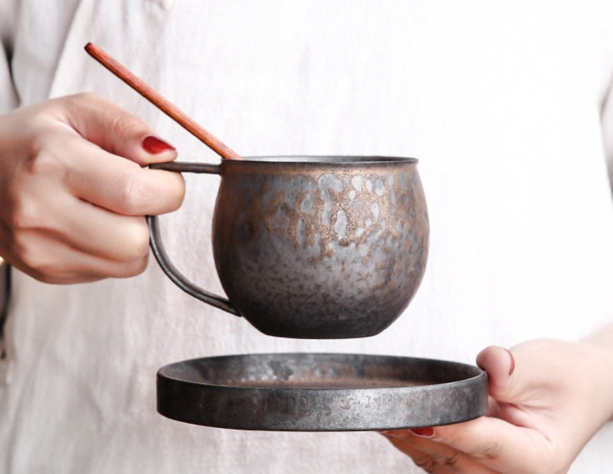 Retro Stoneware Kiln Blackened Gold Vertical Pattern Coffee Cup Set Handmade Pottery With Coaster Spoon Home Office Water Cup