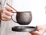 Retro Stoneware Kiln Blackened Gold Vertical Pattern Coffee Cup Set Handmade Pottery With Coaster Spoon Home Office Water Cup