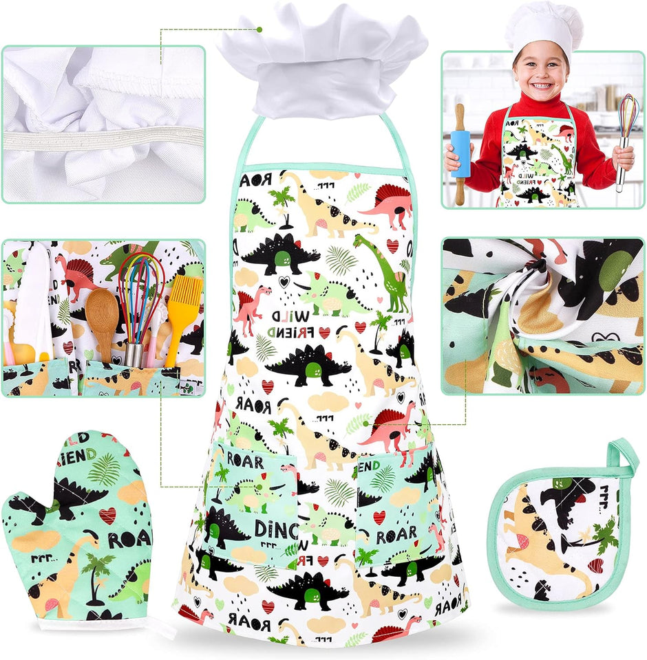 Kids Cooking Baking Set for Girl Boy, Real Baking Supplies Kits, Birthday Gifts for 3+ Year Old Girls, Kids Baking Utensils Includes Rolling Pins Chef Costume Hat and Apron Dinosaur