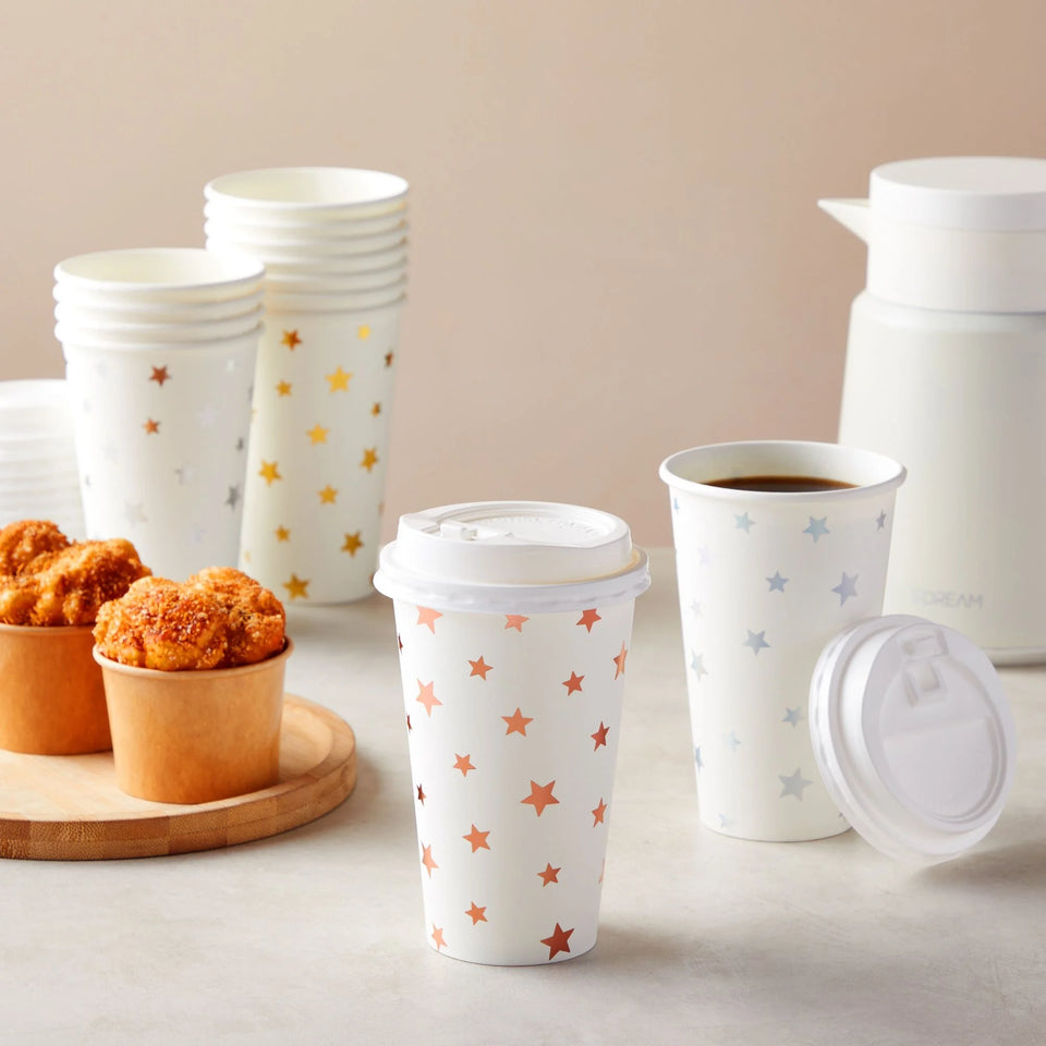 48-Pack Cute Foil Stars Insulated Disposable Coffee Cups with Lids, 16Oz Paper Hot Cup to Go for Twinkle Little Star Baby Shower, Birthday, Events