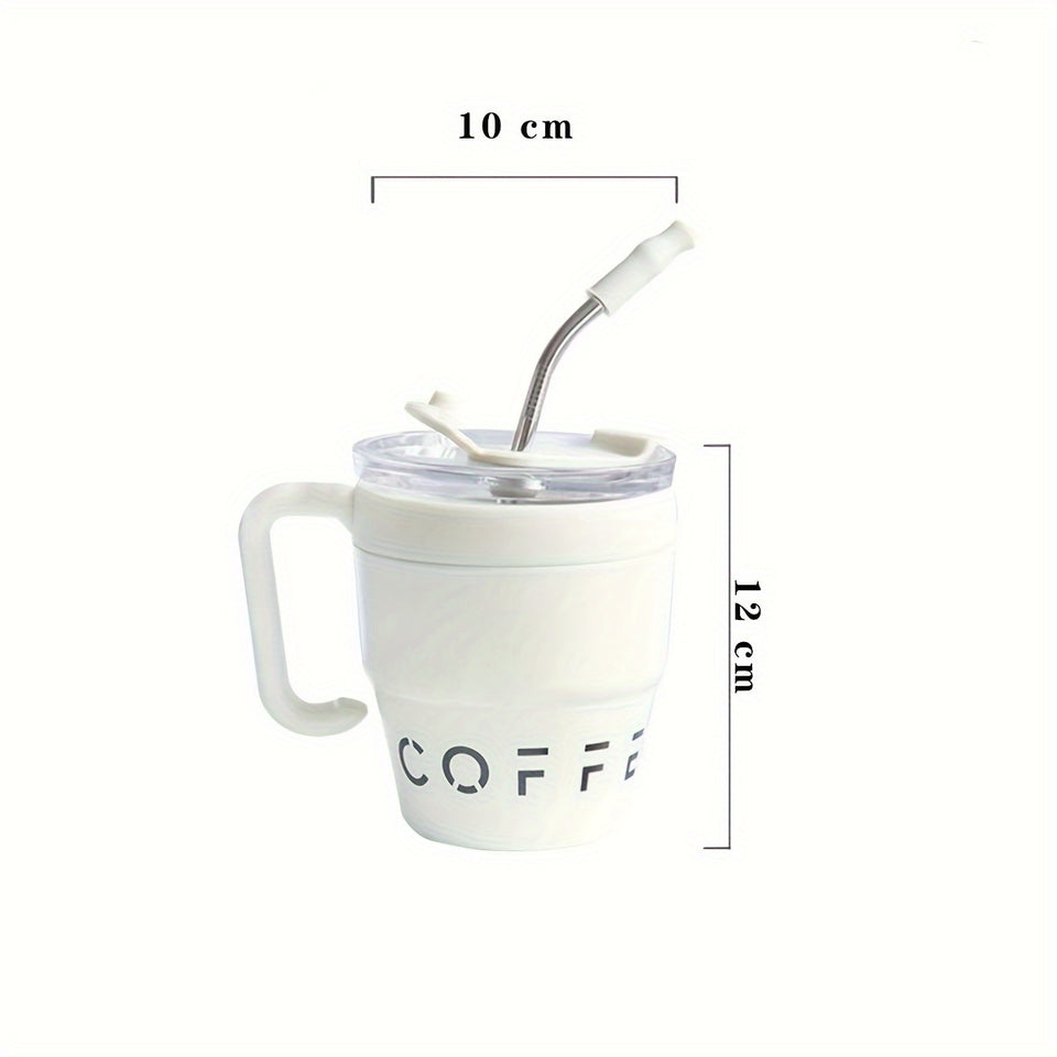 480ml/16 Oz Double-Layer Vacuum Insulated Stainless Steel Coffee Cup With Handle And Straw, Black, White, Light Blue, Pink, Brown, Green