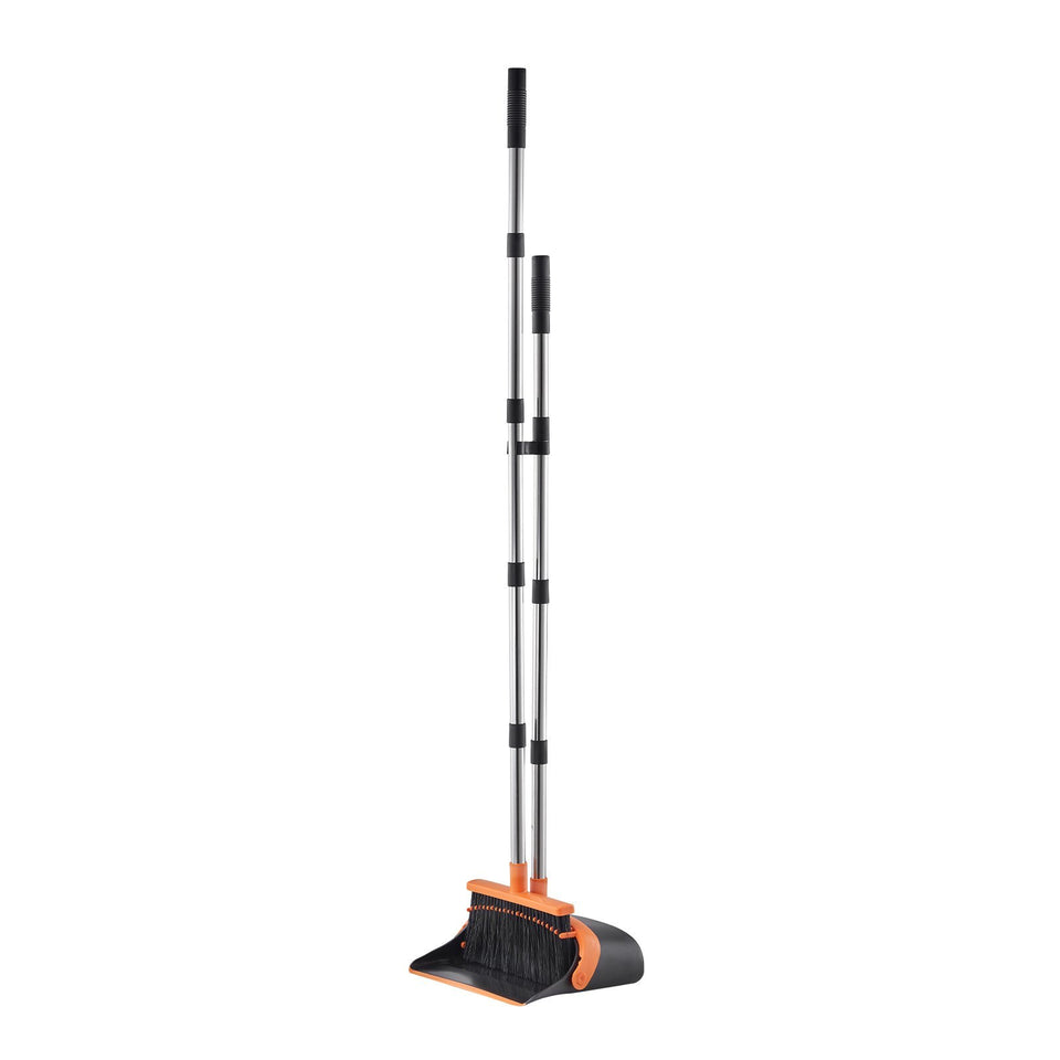 Broom And Dustpan Set, Heavy Duty Dustpan And Broom Combo With Self-Cleaning Teeth, Metal Upright Standing Dust Pan With Long Handle, Ideal For Home, Restaurant, Office, Dorm, Black Orange