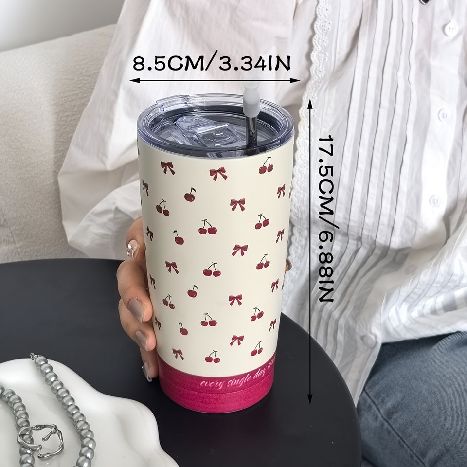 Charming Cherry Bowls Travel Mug: 600ml/20.29OZ, Double-Walled Stainless Steel, Hand Wash Only, Perfect for Coffee, Tea, or Cold Drinks - Great for Travel, Gym, or Outdoor Activities