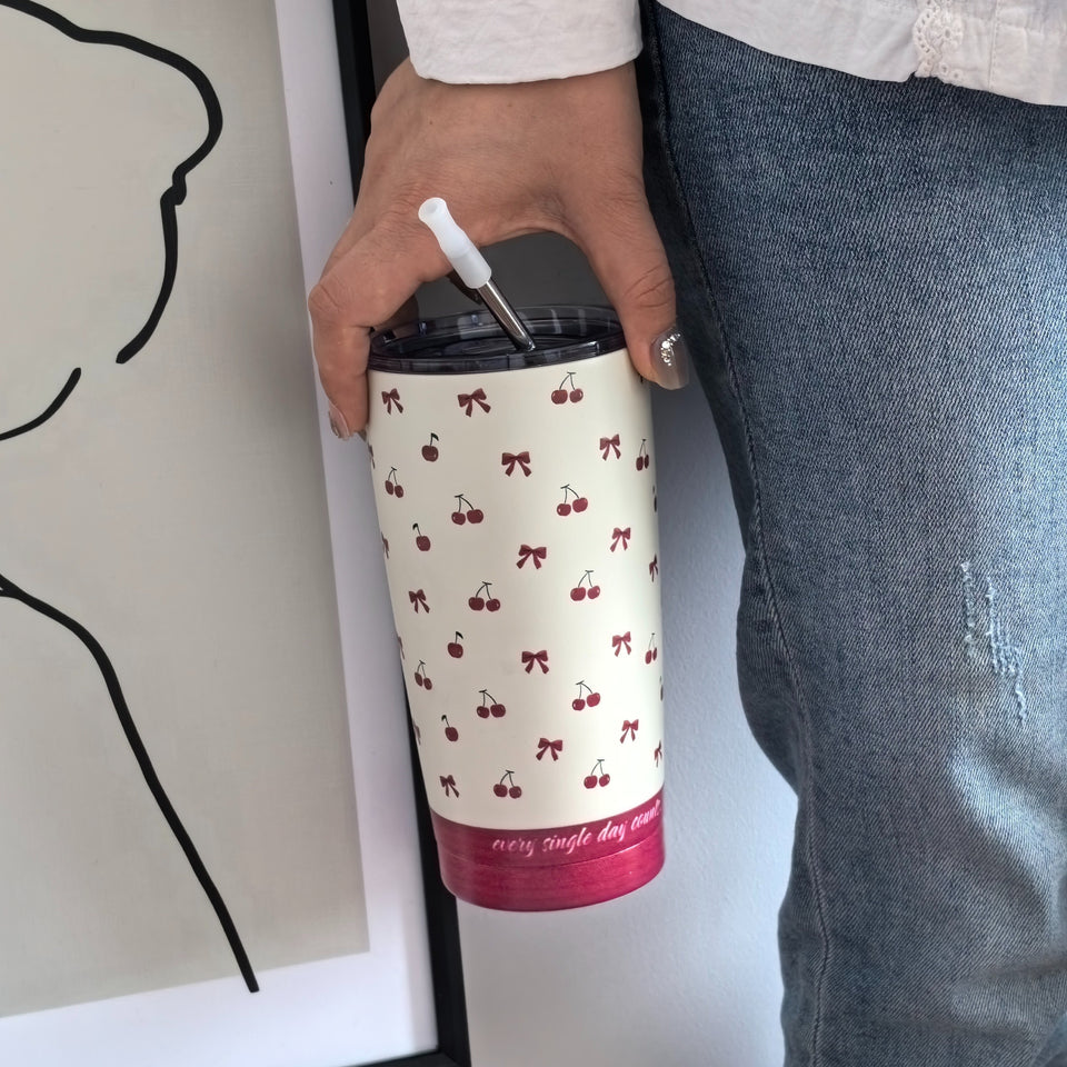 Charming Cherry Bowls Travel Mug: 600ml/20.29OZ, Double-Walled Stainless Steel, Hand Wash Only, Perfect for Coffee, Tea, or Cold Drinks - Great for Travel, Gym, or Outdoor Activities