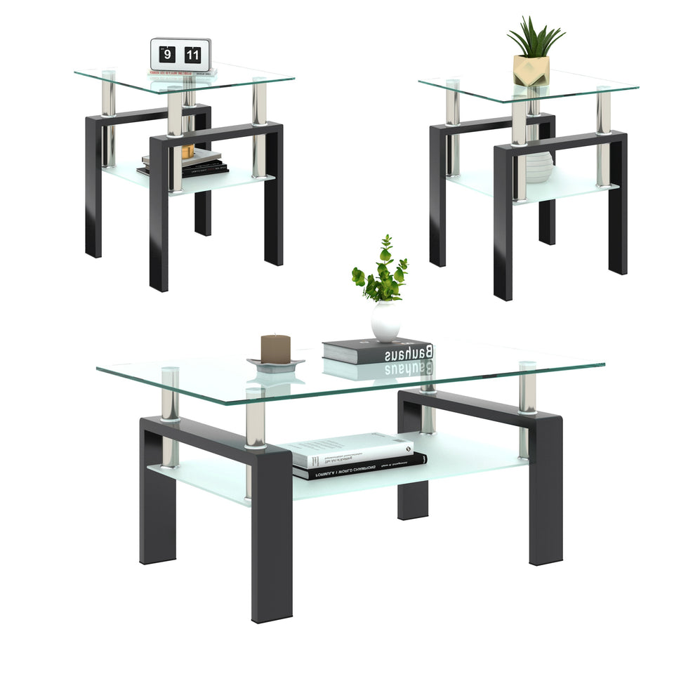 Coffee Table Set Of 3, Glass Coffee Table And 2 Side Tables, Modern Table Set For Living Room With Metal Leg