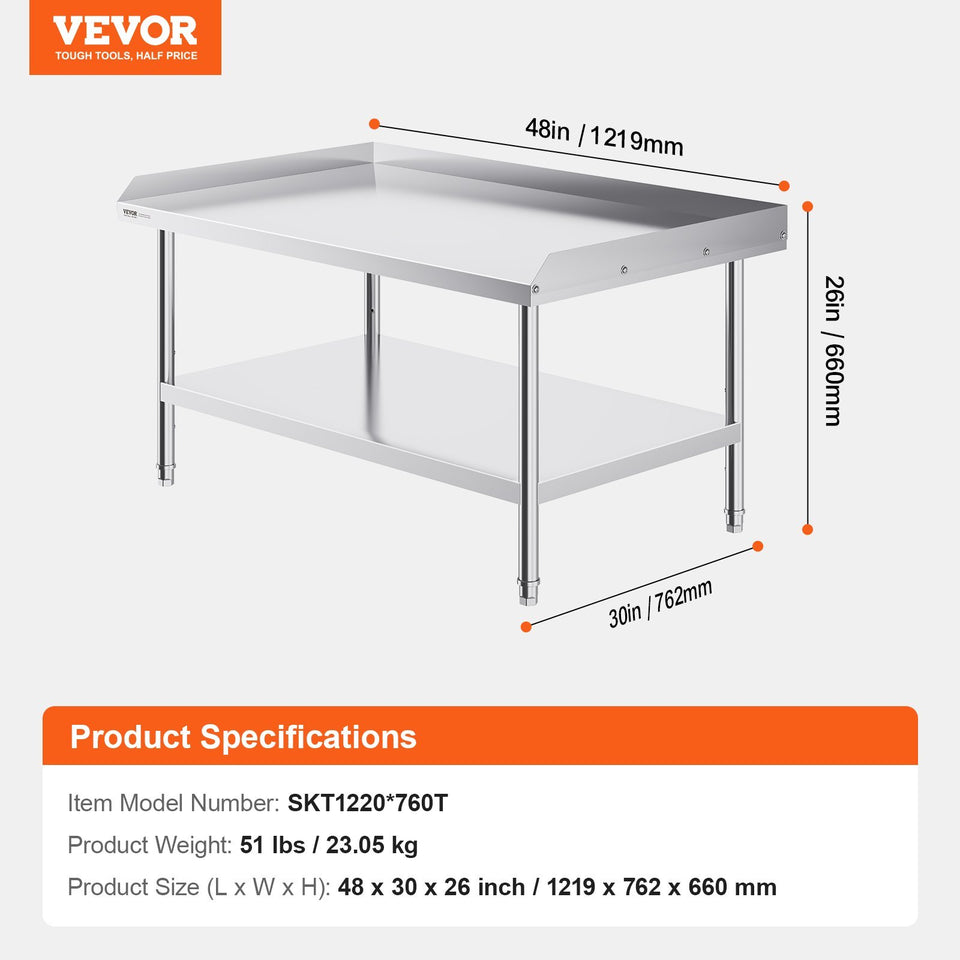 VEVOR Stainless Steel Work Table, 30 X 48 X 26 Inch Commercial Food Prep Worktable, 3-Sided Backsplash Heavy Duty Prep Worktable, Metal Work Table With Adjustable Height For Restaurant Home Hotel