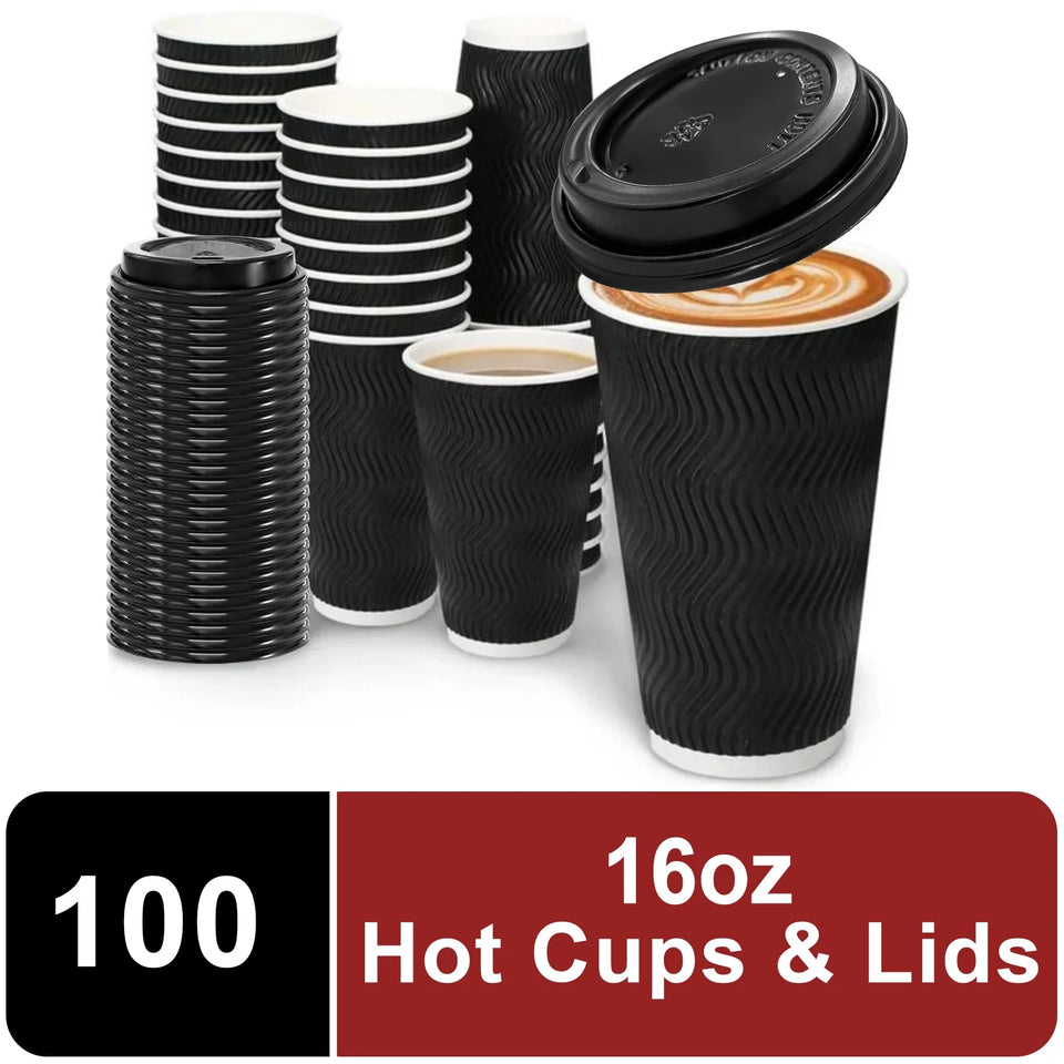 16 Oz Paper Cups with Lids,Disposable Insulated to Go Cup,Ripple Double Wall,Black 100 Count