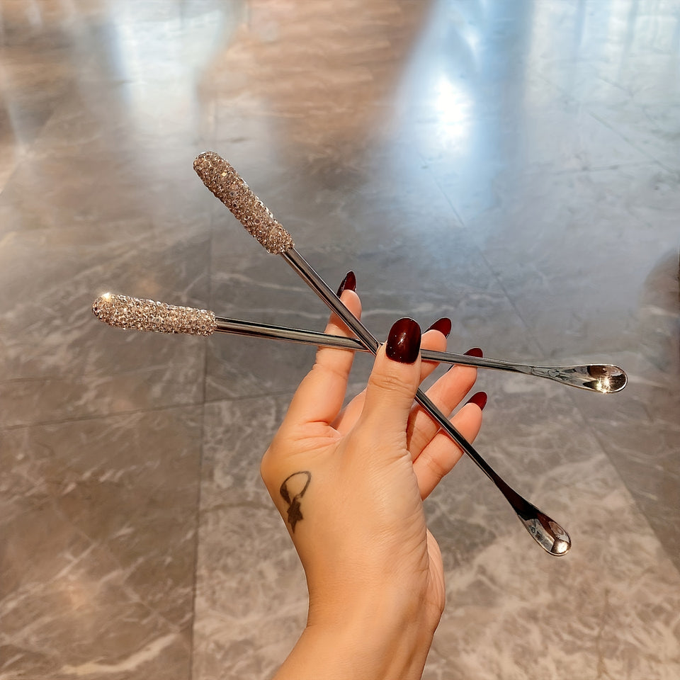 1pc Portable Universal Stirring Spoon High-looking Light Luxury Artificial Diamond Long Handle Stirring Spoon 304 Stainless Steel Extended Coffee Spoon Creative Dessert Honey Spoon