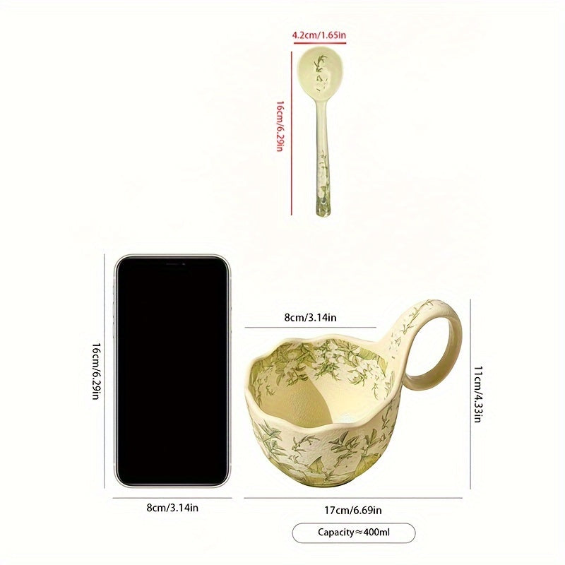 Elegant Green Lily Of The Valley Ceramic Mug - Hand-Wash Only, Reusable Coffee & Milk Cup For Home And Restaurant Use
