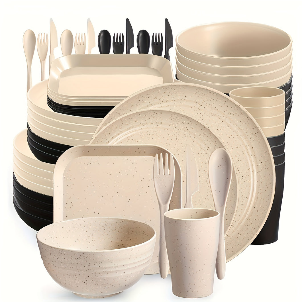 64pcs Sustainable Wheat Straw Dinnerware Set - Unbreakable, Reusable Tableware with Plates, Bowls, Mugs & Cutlery for Home and Restaurant Use