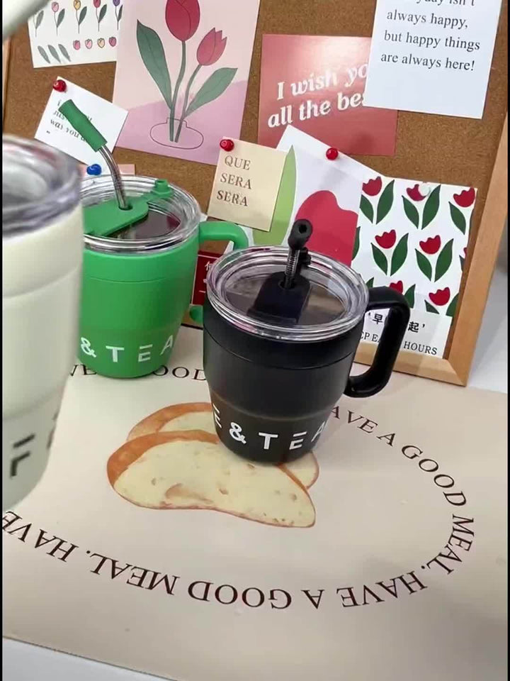 480ml/16 Oz Double-Layer Vacuum Insulated Stainless Steel Coffee Cup With Handle And Straw, Black, White, Light Blue, Pink, Brown, Green