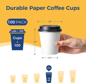 100 Pack 10 Oz Disposable Coffee Cups with Lids, Premium Paper to Go Cups for Hot/Cold Beverages, Leak Proof Travel Cups for Cold/Hot Beverage, Office (Black Lids)