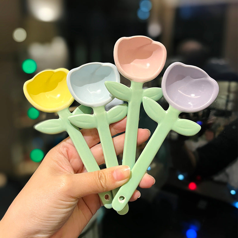 Girls Good-looking Tulip Ceramic SUNFLOWER Spoon Household Flower Coffee Dessert Ice-cream Spoon
