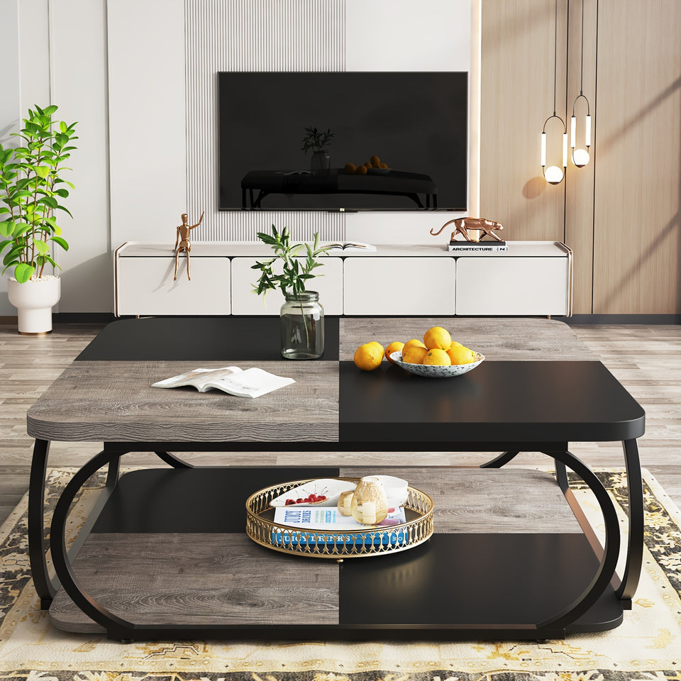 39 Inch Large Wood Coffee Table With Open Storage Shelf, 2 Tier Square Low Farmhouse Tea Table For Living Room And Home Office With Metal Frame