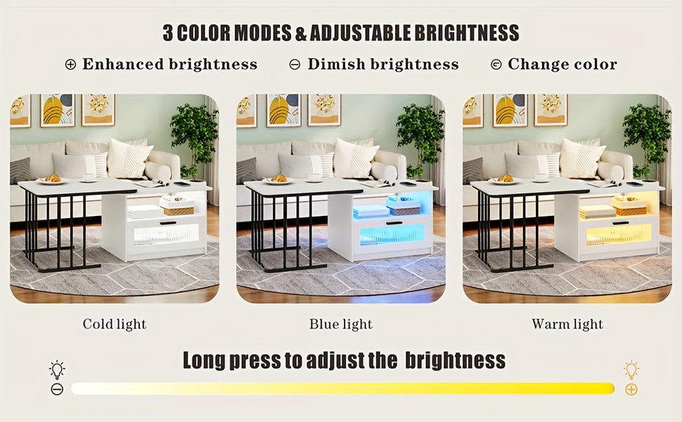 Modern Square LED Coffee Table with Storage - Auto Sensor 3 Colors Lights, Charging Station, Low Profile, White Finish - Perfect for Living Room, Center Table, Coffee Bar Table