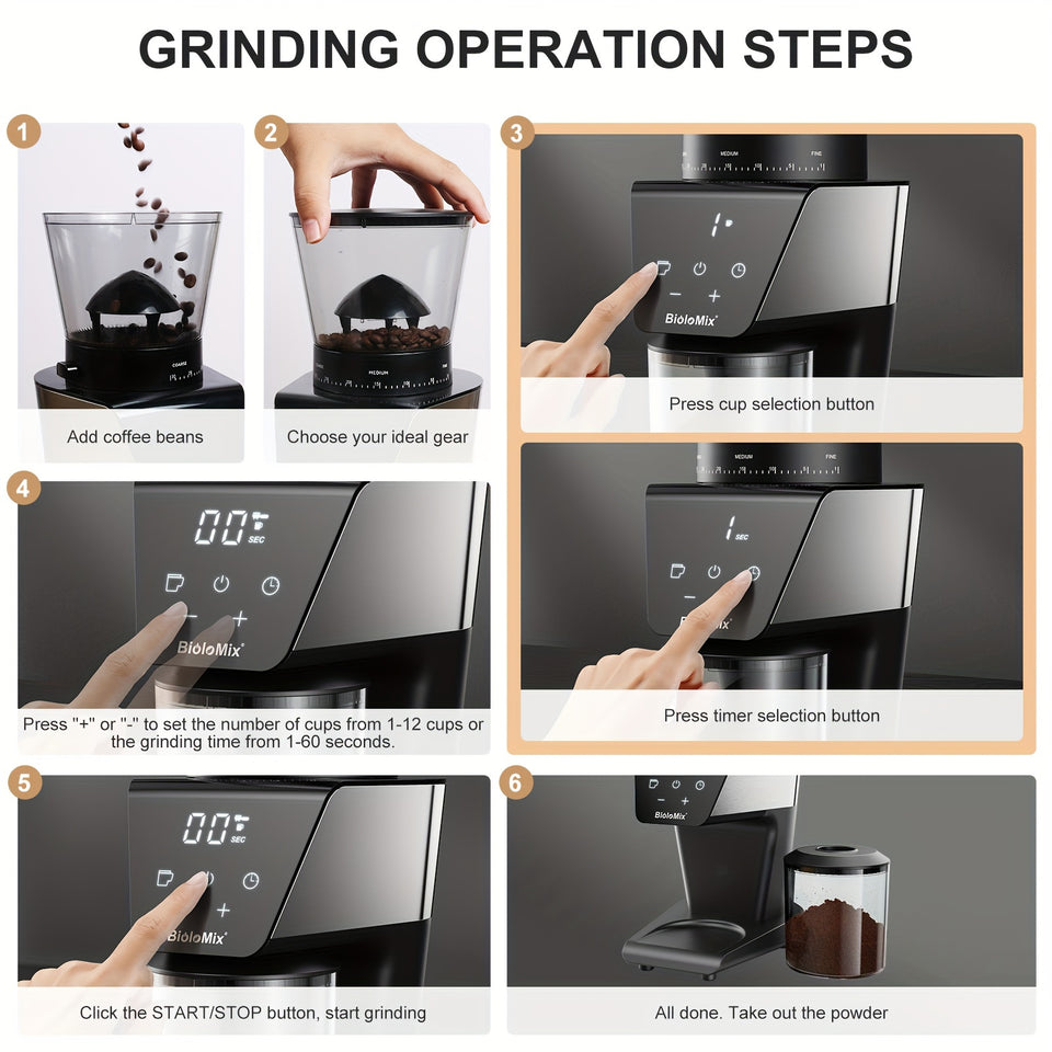 BioloMix Automatic Burr Mill Electric Coffee Grinder With 30 Gears For Espresso American Coffee Pour Over Visual Bean Storage