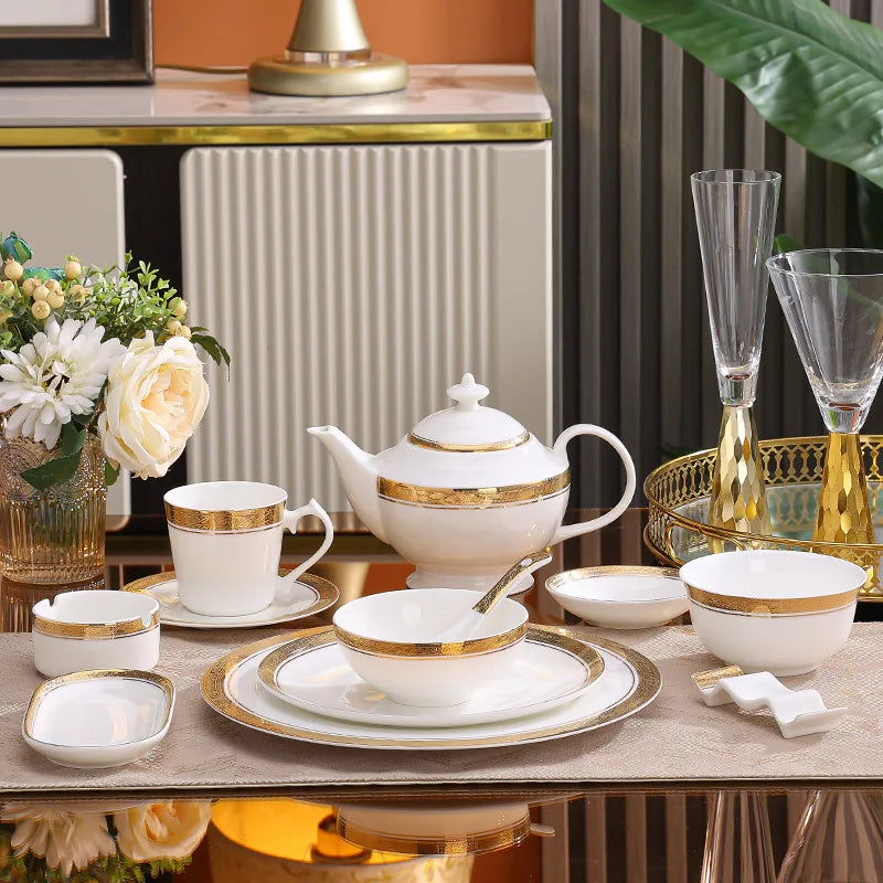 Luxury Nordic Embossed Gold Dinner Set Porcelain Bowl Dishes Plates Coffee Cup Teapot Tableware Sets