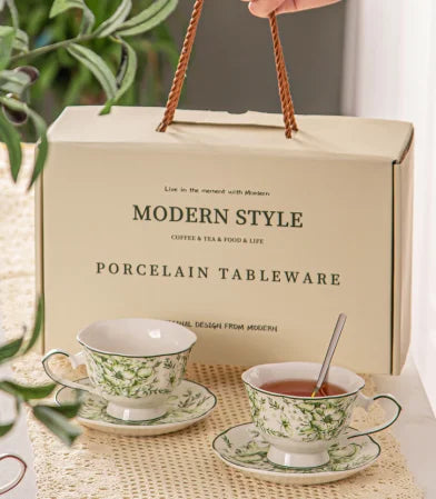 Porcelain Tea Cups and Saucers Set of 2 Flower Pattern Coffee Cup Wedding Ceramics Drinkware