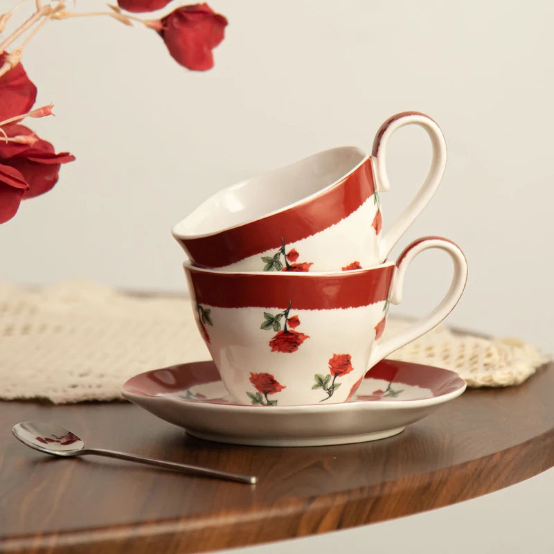 Porcelain Tea Cups and Saucers Set of 2 Flower Pattern Coffee Cup Wedding Ceramics Drinkware