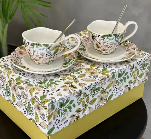 Porcelain Tea Cups and Saucers Set of 2 Flower Pattern Coffee Cup Wedding Ceramics Drinkware
