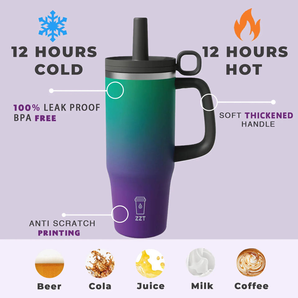 40oz Water Bottle  Insulated Stainless Steel Tumbler Luxury Reusable Beer Mug Cup with Handle and Lid for Parties and Fitness