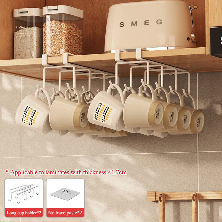 Punch-free Cabinet Lower Hook Kitchen Storage Coffee Cup Kitchen Utensils Hanger Upside Down Drip Cup Rack